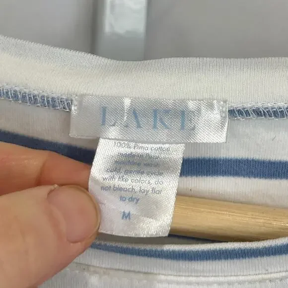 LAKE Striped Pajama Top Crew Neck Long Sleeve Pima Cotton Blue White Size M - Picture 3 of 7